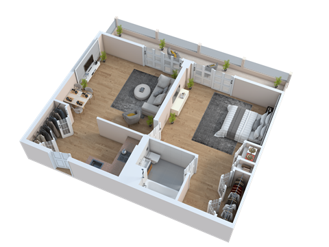 A 3D rendered image of a house layout.